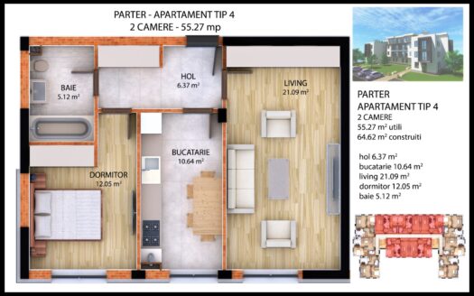 GM1436 Vanzare apartament 2 camere Tunari, complex 2020, TVA inclus